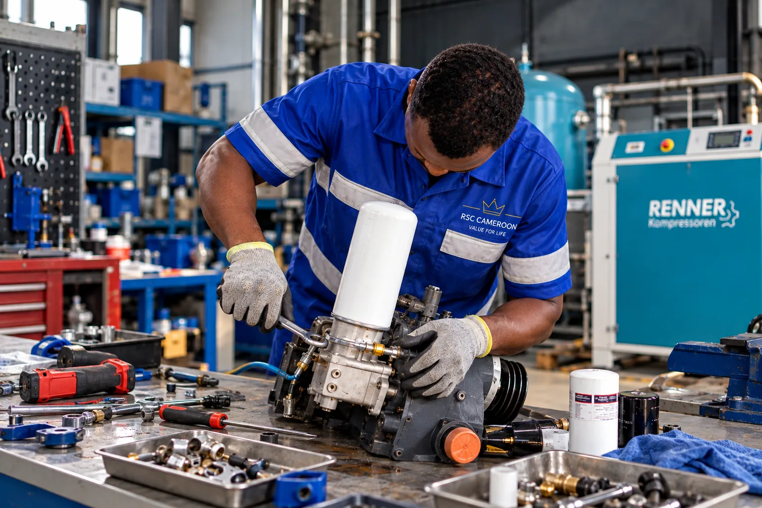 Technicien Royal Sales Cameroon avec EPI inspectant équipement industriel